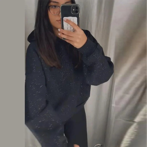 Black Glitter Bling Hooded Sweatshirt Women Casual Long Sleeve Basic Classic Style Pullovers  New Trendy Lady Sweatshirts Tops