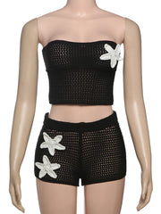 Whatiwear Crochet Applique 2 Piece Set Women Sexy Hollow Shirring Strapless Tops+Skinny Shorts Vacation Beach Party Clubwear