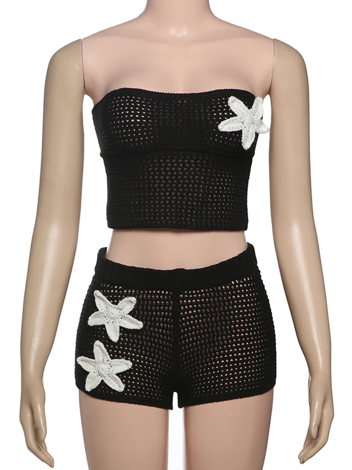 Whatiwear Crochet Applique 2 Piece Set Women Sexy Hollow Shirring Strapless Tops+Skinny Shorts Vacation Beach Party Clubwear