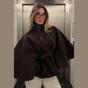 Belts Women Winter Woolen Coats 2025 Autumn Single Breasted Long Batwing Sleeve Female Jacket Solid Office Street Short Coat Top