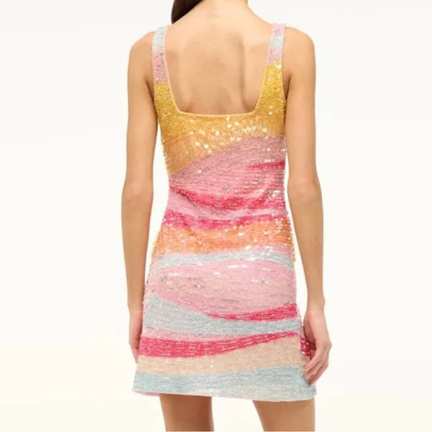 Elegant Lady Fit Banquet Short Dress Fashion Sequins Sleeveless Halter Evening Dress Summer New Women High Waist Wrap Hips Dress