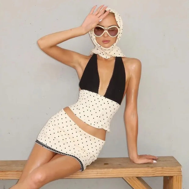 White Polka Dot V-neck Top And Mini Skirt Set