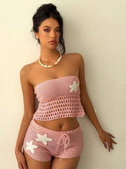 Whatiwear Crochet Applique 2 Piece Set Women Sexy Hollow Shirring Strapless Tops+Skinny Shorts Vacation Beach Party Clubwear