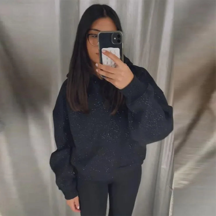 Black Glitter Bling Hooded Sweatshirt Women Casual Long Sleeve Basic Classic Style Pullovers  New Trendy Lady Sweatshirts Tops