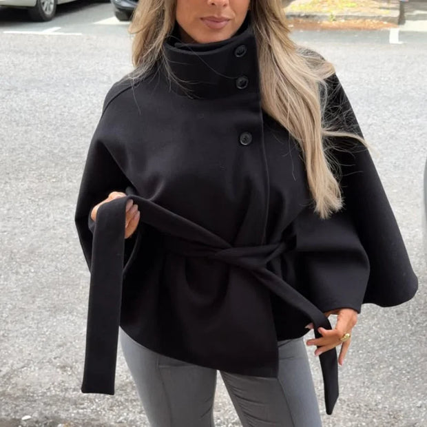 Belts Women Winter Woolen Coats 2025 Autumn Single Breasted Long Batwing Sleeve Female Jacket Solid Office Street Short Coat Top