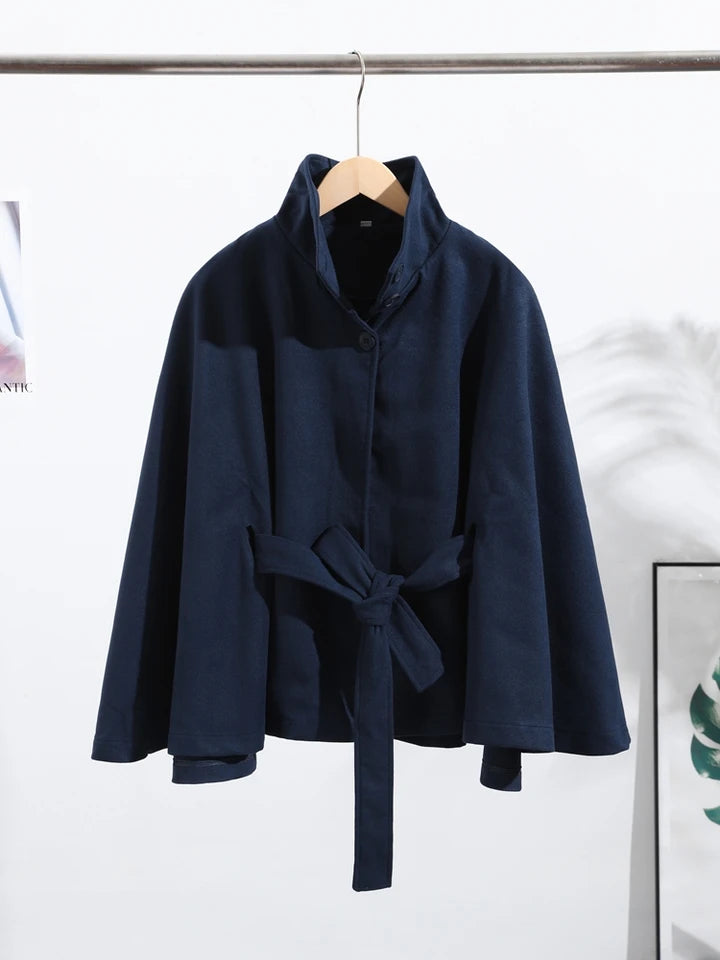 Belts Women Winter Woolen Coats 2025 Autumn Single Breasted Long Batwing Sleeve Female Jacket Solid Office Street Short Coat Top