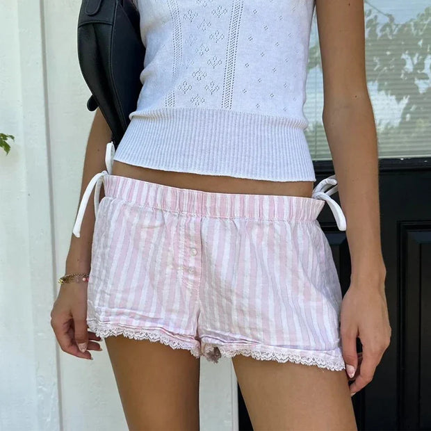 Kawaii Striped Lace Trim Shorts 2000s Fairy Coquette Low Rise Micro Shorts Sleepwear Vintage Y2k Retro Lounge Bottom Going Out