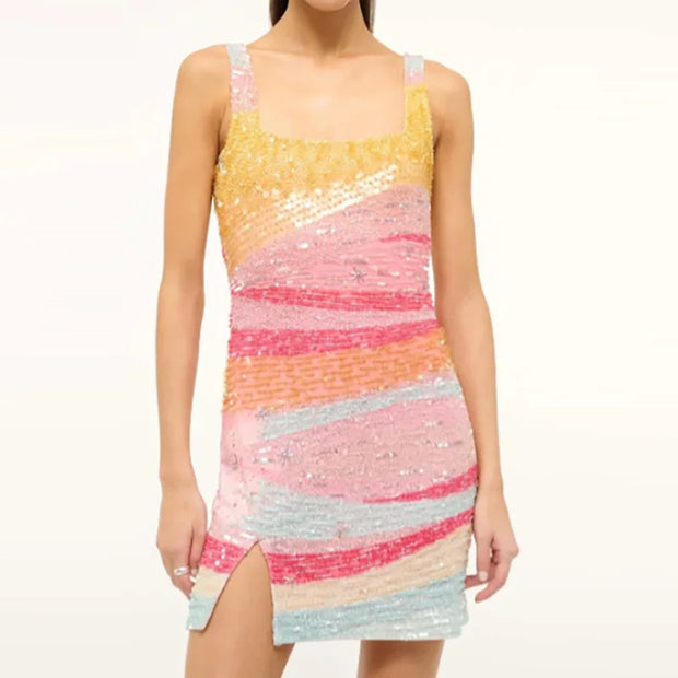 Elegant Lady Fit Banquet Short Dress Fashion Sequins Sleeveless Halter Evening Dress Summer New Women High Waist Wrap Hips Dress