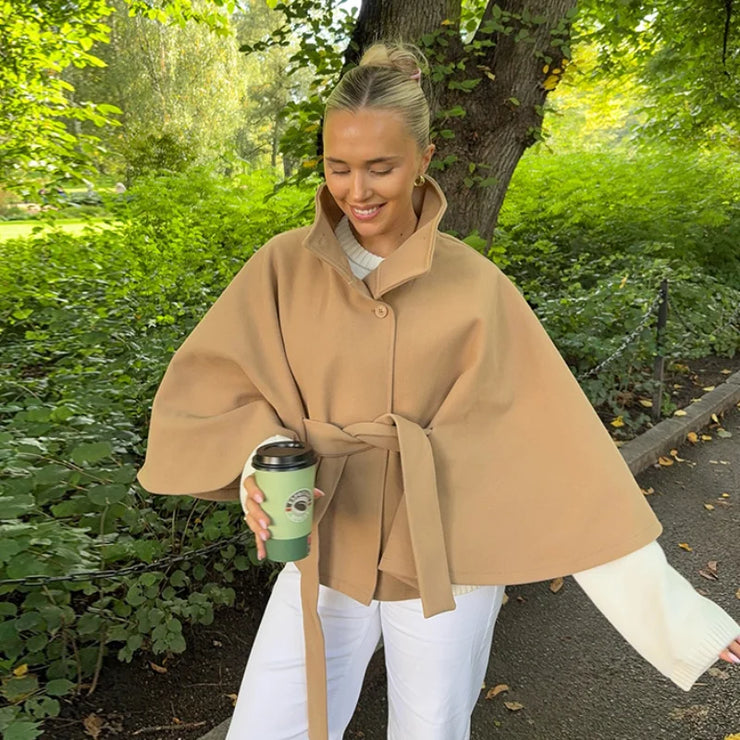 Belts Women Winter Woolen Coats 2025 Autumn Single Breasted Long Batwing Sleeve Female Jacket Solid Office Street Short Coat Top
