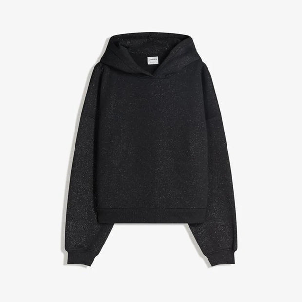 Black Glitter Bling Hooded Sweatshirt Women Casual Long Sleeve Basic Classic Style Pullovers  New Trendy Lady Sweatshirts Tops