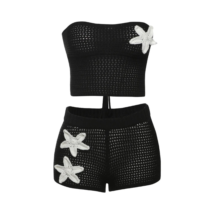 Whatiwear Crochet Applique 2 Piece Set Women Sexy Hollow Shirring Strapless Tops+Skinny Shorts Vacation Beach Party Clubwear