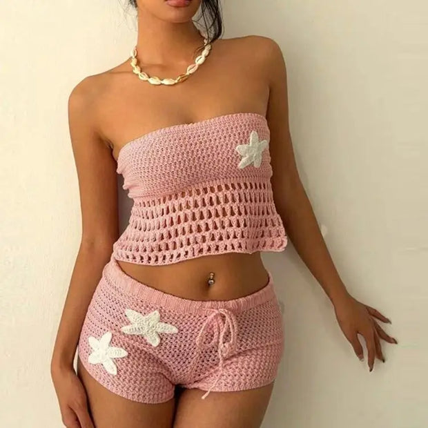 Whatiwear Crochet Applique 2 Piece Set Women Sexy Hollow Shirring Strapless Tops+Skinny Shorts Vacation Beach Party Clubwear