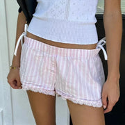 Kawaii Striped Lace Trim Shorts 2000s Fairy Coquette Low Rise Micro Shorts Sleepwear Vintage Y2k Retro Lounge Bottom Going Out