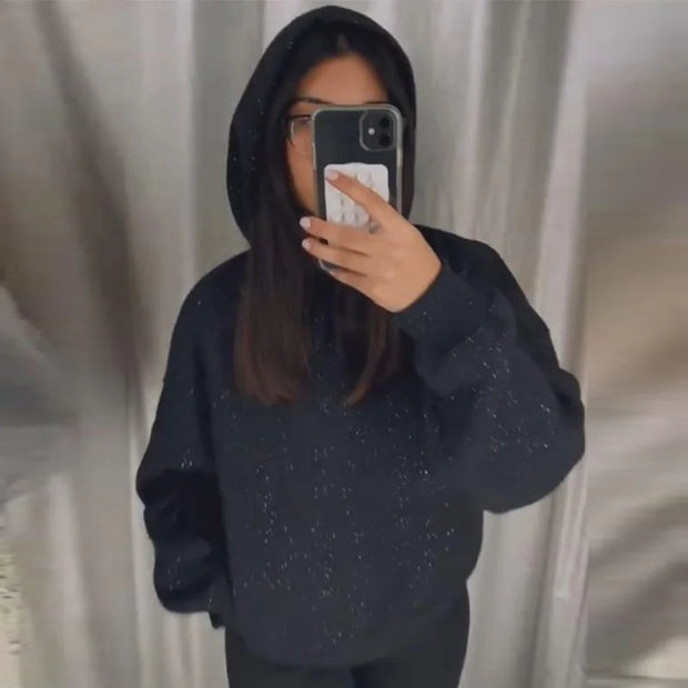 Black Glitter Bling Hooded Sweatshirt Women Casual Long Sleeve Basic Classic Style Pullovers  New Trendy Lady Sweatshirts Tops