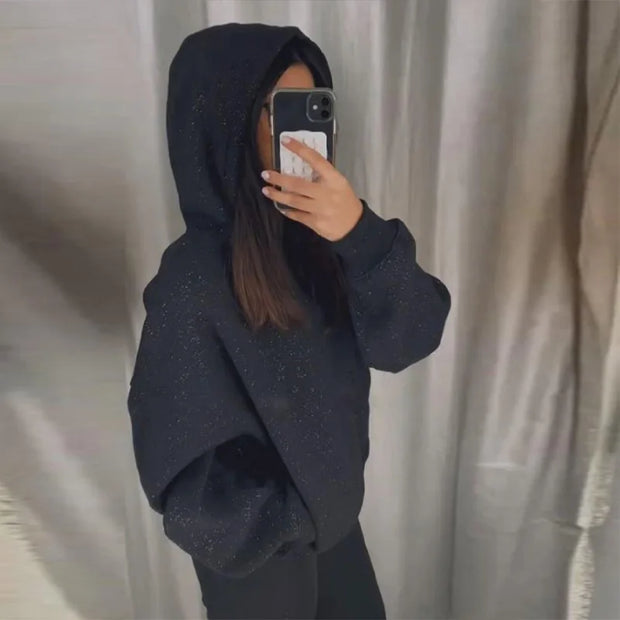 Black Glitter Bling Hooded Sweatshirt Women Casual Long Sleeve Basic Classic Style Pullovers  New Trendy Lady Sweatshirts Tops