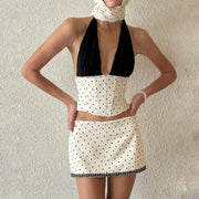 White Polka Dot V-neck Top And Mini Skirt Set