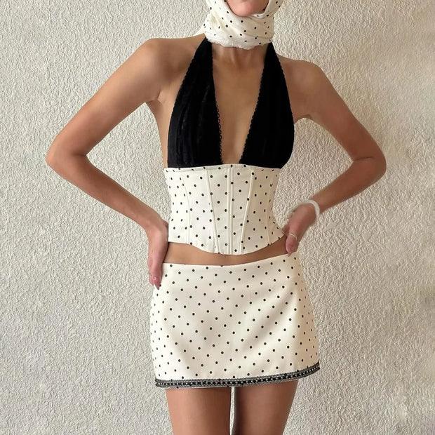 White Polka Dot V-neck Top And Mini Skirt Set