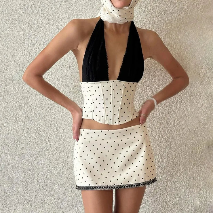 White Polka Dot V-neck Top And Mini Skirt Set