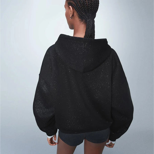 Black Glitter Bling Hooded Sweatshirt Women Casual Long Sleeve Basic Classic Style Pullovers  New Trendy Lady Sweatshirts Tops