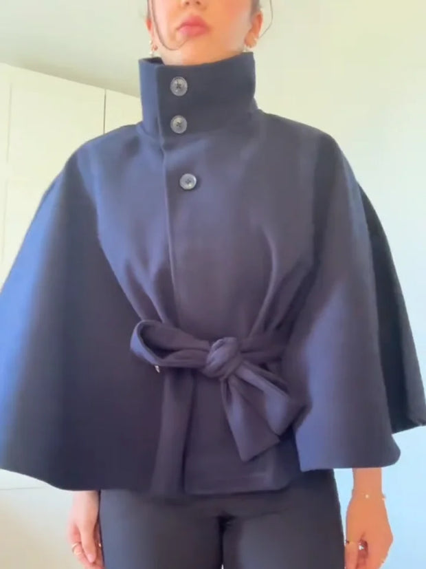 Belts Women Winter Woolen Coats 2025 Autumn Single Breasted Long Batwing Sleeve Female Jacket Solid Office Street Short Coat Top