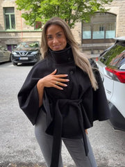 Belts Women Winter Woolen Coats 2025 Autumn Single Breasted Long Batwing Sleeve Female Jacket Solid Office Street Short Coat Top