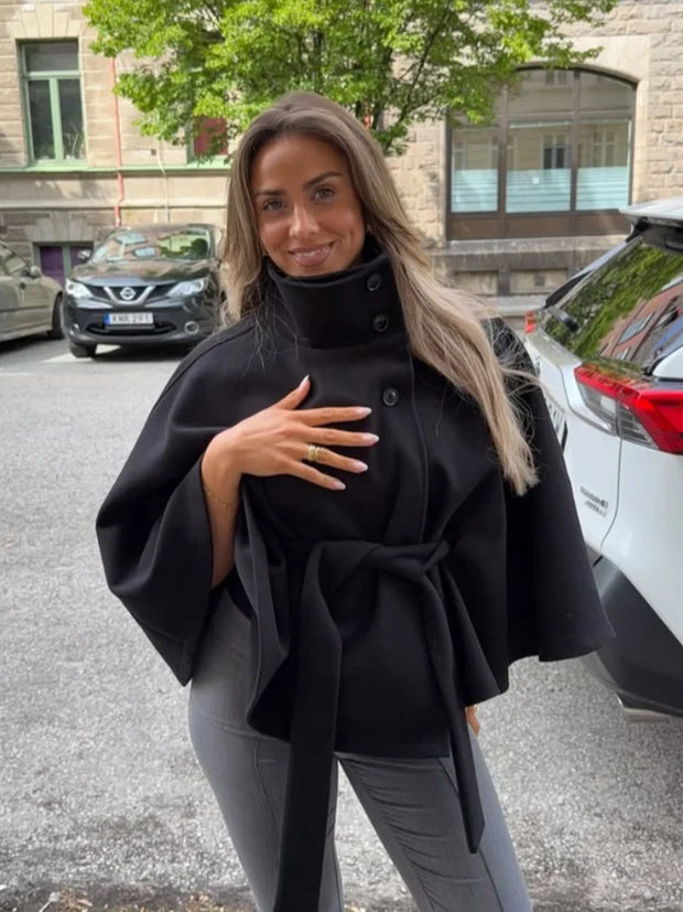 Belts Women Winter Woolen Coats 2025 Autumn Single Breasted Long Batwing Sleeve Female Jacket Solid Office Street Short Coat Top