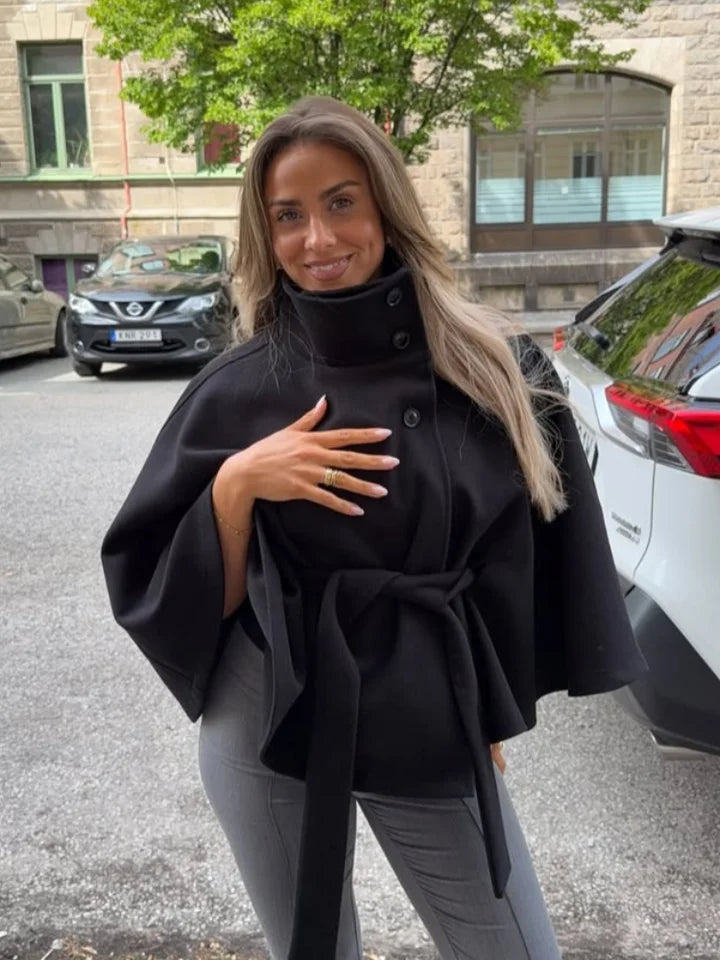 Belts Women Winter Woolen Coats 2025 Autumn Single Breasted Long Batwing Sleeve Female Jacket Solid Office Street Short Coat Top