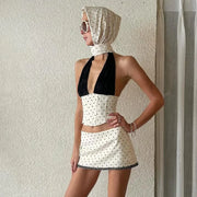 White Polka Dot V-neck Top And Mini Skirt Set