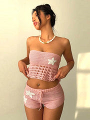 Whatiwear Crochet Applique 2 Piece Set Women Sexy Hollow Shirring Strapless Tops+Skinny Shorts Vacation Beach Party Clubwear