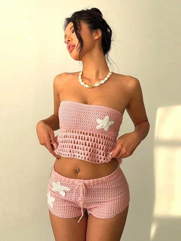 Whatiwear Crochet Applique 2 Piece Set Women Sexy Hollow Shirring Strapless Tops+Skinny Shorts Vacation Beach Party Clubwear