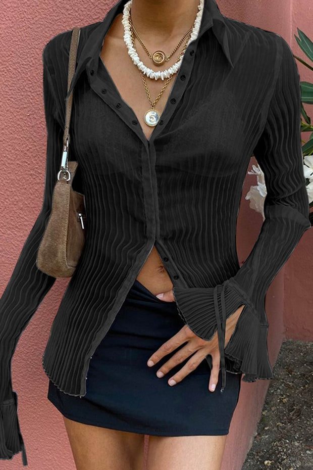 Solid Color Flare Sleeve Shirt Tops