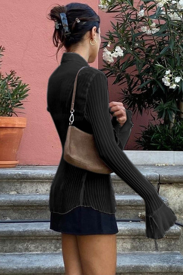 Solid Color Flare Sleeve Shirt Tops