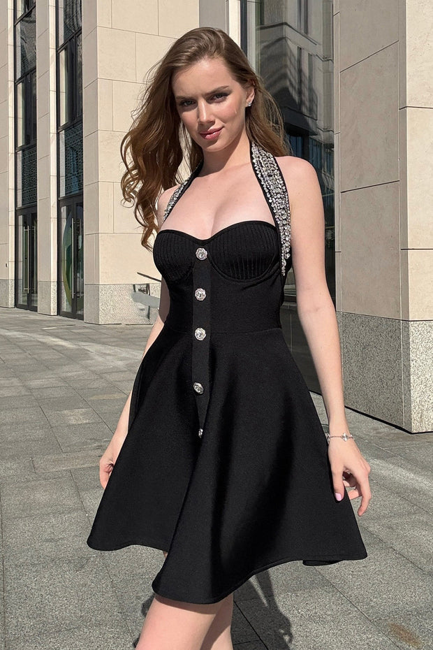 Camille Crystal Button Halter Bandage Dress