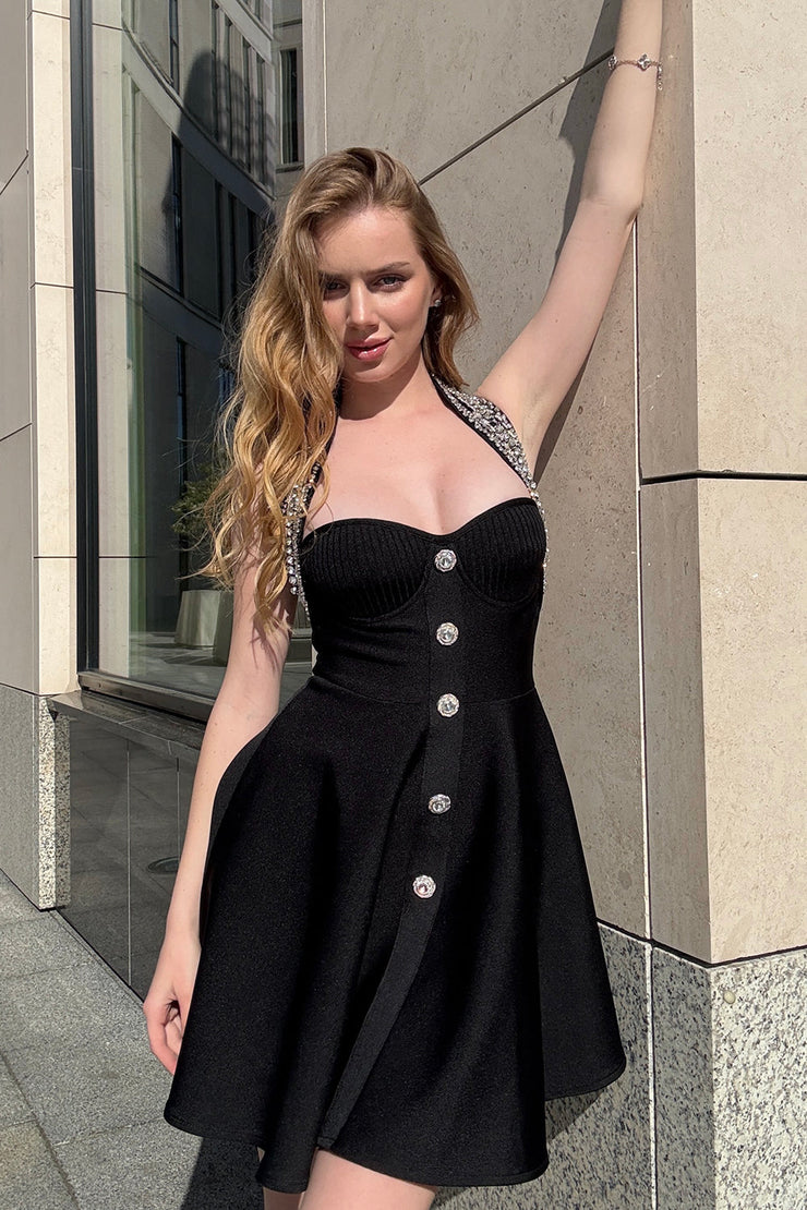 Camille Crystal Button Halter Bandage Dress