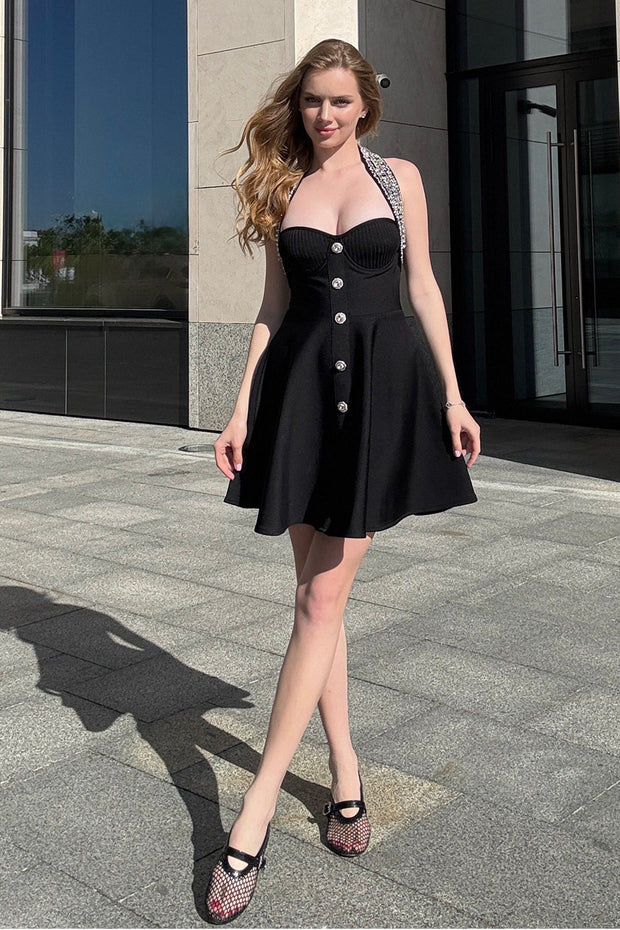 Camille Crystal Button Halter Bandage Dress
