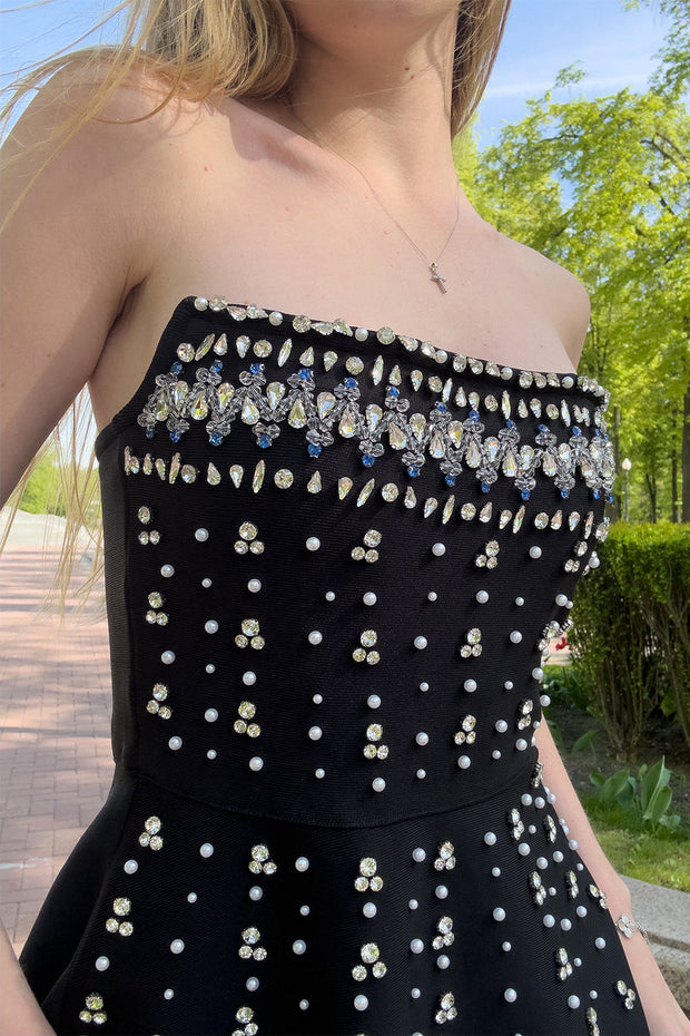Elodie Pearl Embellished Strapless Bandage Mini Dress