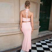 Pink Halter Neck Top With Skirt Co-Ord Set