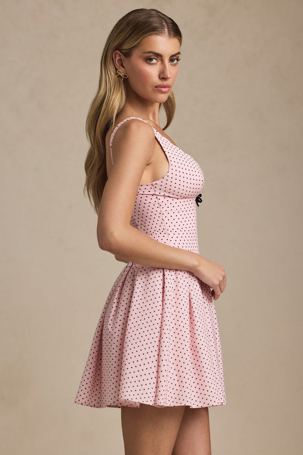 Bow-Detail A-Line Mini Dress in Pink Polka Dot