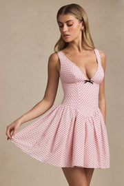 Bow-Detail A-Line Mini Dress in Pink Polka Dot