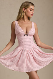 Bow-Detail A-Line Mini Dress in Pink Polka Dot