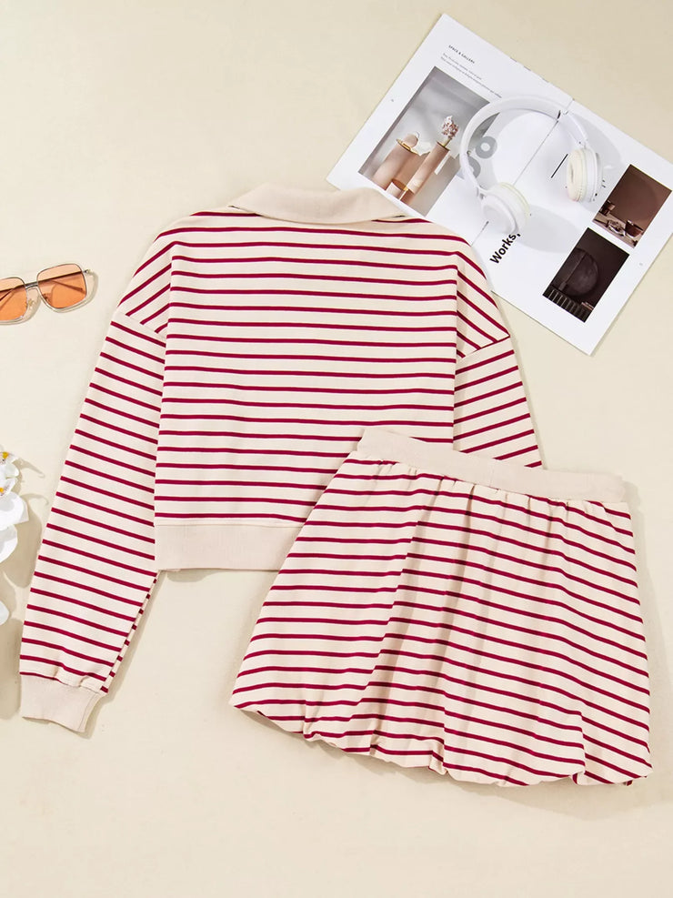 tripe Cropped Collared Drop Shoulder Pullover and Bubble Mini Skirt Set