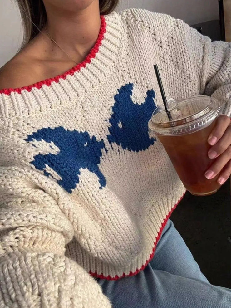 Fish Contrast Trim Round Neck Sweater