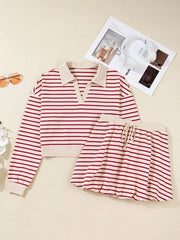 tripe Cropped Collared Drop Shoulder Pullover and Bubble Mini Skirt Set