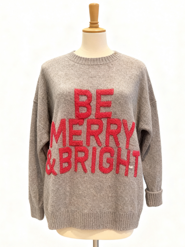JerryMuse Gray "BE MERRY & BRIGHT" Embroidered Oversized Sweater