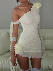 Mesh One Shoulder Charming Flower Frill Mini Dress