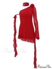 Mesh One Shoulder Charming Flower Frill Mini Dress