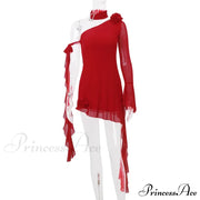 Mesh One Shoulder Charming Flower Frill Mini Dress