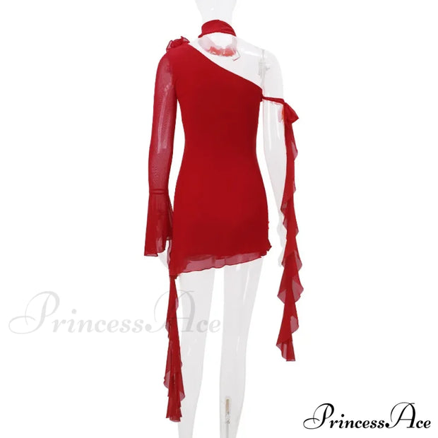 Mesh One Shoulder Charming Flower Frill Mini Dress