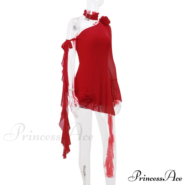 Mesh One Shoulder Charming Flower Frill Mini Dress