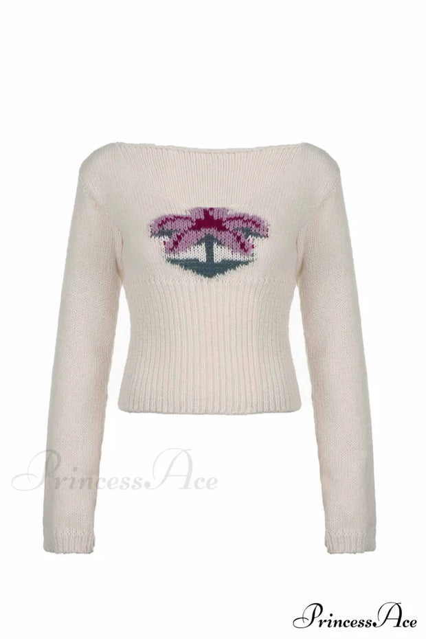 Neck Knitted U Flowered Sweater